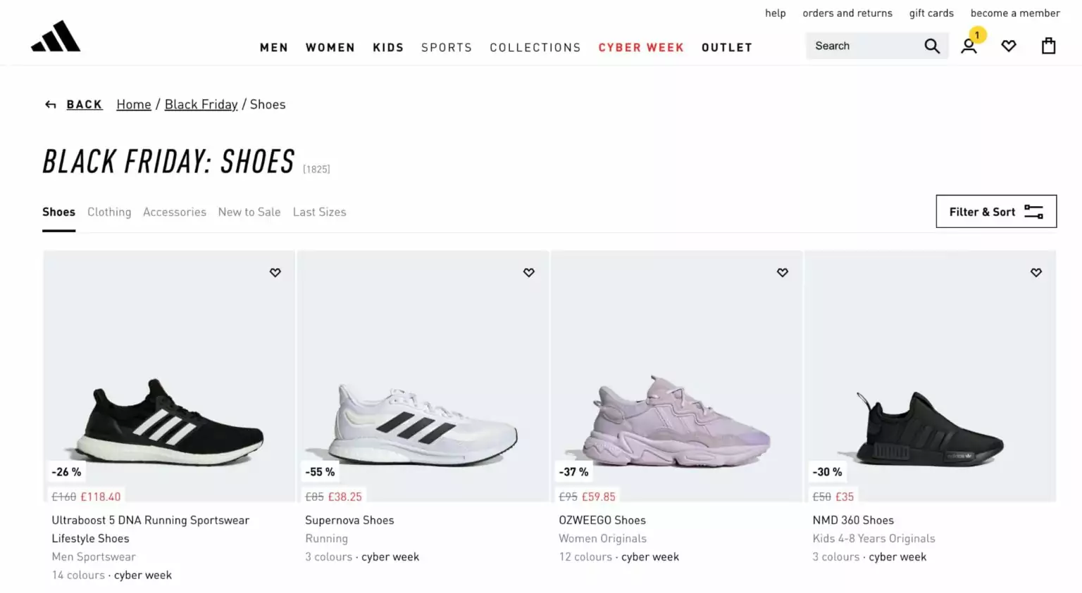 Captura del sitio de Adidas mostrando breadcrumbs: Home / Black Friday / Shoes, con el menú principal visible y la categoría actual resaltada